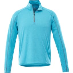 A blue knit quarter zip jumper for men featuring a high collar and a zippered front, with a logo on the chest.