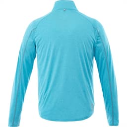 A light blue men's quarter zip jumper featuring long sleeves and a subtle logo on the hem.
