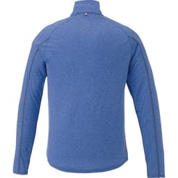 A blue quarter zip jumper featuring a smooth fabric texture and a logo on the back.