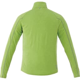 A green knit quarter zip jumper featuring a high collar and reflective detailing on the seams. It has branding on it.