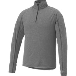 A men's quarter zip jumper in grey, featuring long sleeves and a zippered collar, with a branding logo.