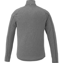 A grey men's quarter zip jumper with a sleek, minimalist design and a logo on the back.