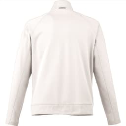 A cream-coloured men's knit jacket with a collar and long sleeves, featuring a logo.