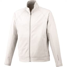 A cream-coloured men's knit jacket with a zip and side pockets. It features a collar and has a branding logo.