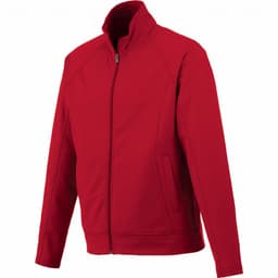 A red Okapi Knit Jacket for men featuring a zip front and side pockets, with a stylish collar and logo.