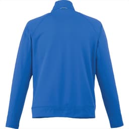 A blue men's knit jacket with a high collar, featuring a logo on the back.
