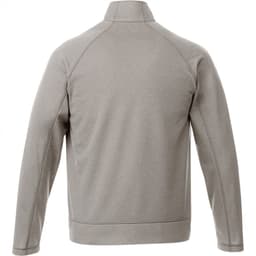A men's knit jacket in a light grey colour, featuring a high collar and a plain back design. It has a branding logo.