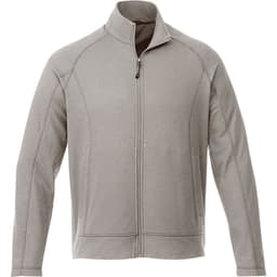 A light grey knit jacket for men with a zip front and a high collar. It features a logo on one side.