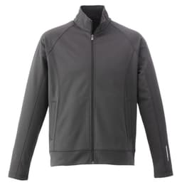 A grey men's knit jacket with a zippered front and side pockets, featuring a logo on the front.