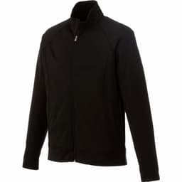 A black knit jacket with a high collar and zip front, featuring side pockets and a sleek design.