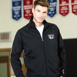 A black knit jacket for men with a logo, featuring a zip front and a sporty design.