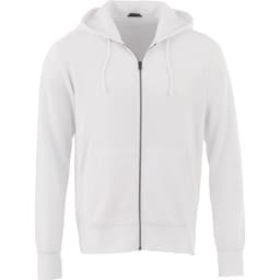 A white Cypress fleece zip hoody for men, featuring a front zipper and pockets. Includes a logo.