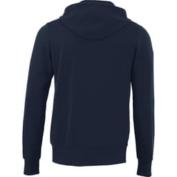 A navy blue men's fleece zip hoodie featuring a drawstring hood and ribbed cuffs. It has a logo on the front.