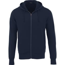 A navy blue fleece zip hoody for men, featuring a hood and front pockets. The hoody has a logo on it.