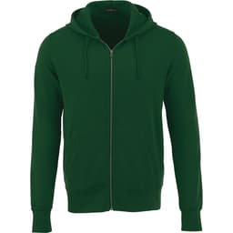 A green zip-up fleece hoodie for men with a front pocket and a drawstring hood. It features a logo on the chest area.