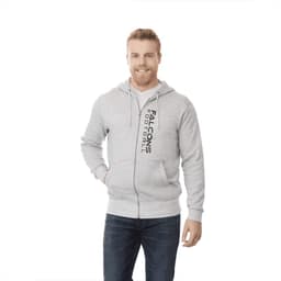 A grey fleece zip hoodie for men, featuring a logo and a kangaroo pocket. Worn by a smiling man with a casual look.