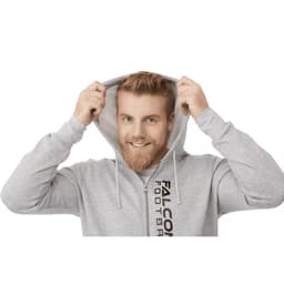 A man in a grey fleece zip hoody, smiling and pulling the hood over his head, with branding visible on the garment.