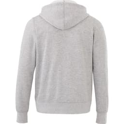A grey hoodie with a zip and hood at the back, featuring a simple design and a logo.