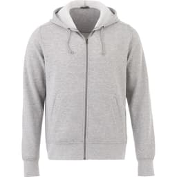 A grey fleece zip hoodie for men with a hood and front pockets, featuring a logo on the chest.