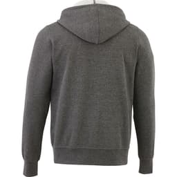 A men's hoodie in grey fleece with a hood, featuring a back view and a logo on the fabric.