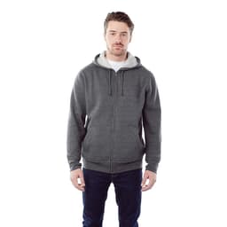 A grey men's fleece zip hoodie with a hood and front pockets, featuring a branding logo.