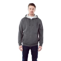 A men's zip-up hoodie in grey with a soft inner lining and a logo on the front.