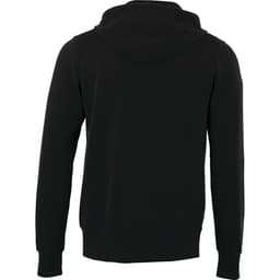 A black fleece zip hoodie for men, featuring a hood and ribbed cuffs. It has a simple design with a logo.