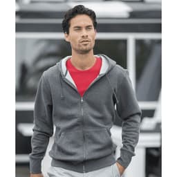 A grey fleece zip hoodie for men, featuring a hood and front pockets, worn over a red t-shirt.