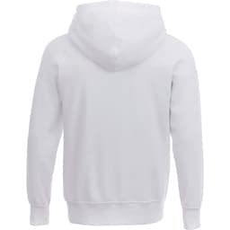 A white men's fleece hoodie with a hood and long sleeves, featuring a logo on the back.