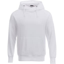 A white fleece hoodie featuring a front pocket and a drawstring hood. Includes a logo on the chest area.