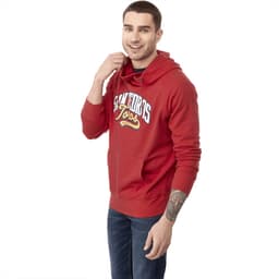 A red fleece hoody featuring a logo, with a kangaroo pocket and a comfortable fit for men.