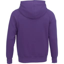 A purple men's fleece hoody with a hood and ribbed hem, featuring a logo on the back.