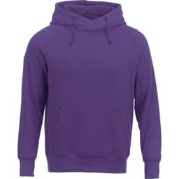 A purple fleece hoodie featuring a front pocket and a drawstring hood, with a logo on the front.
