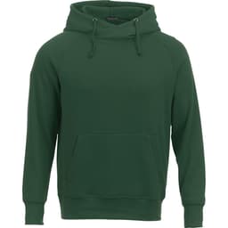 A green fleece hoody with a kangaroo pocket and a hood, featuring a logo.