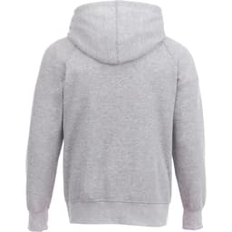 A grey men's fleece hoody with a hood and ribbed cuffs. Features a logo on the back.