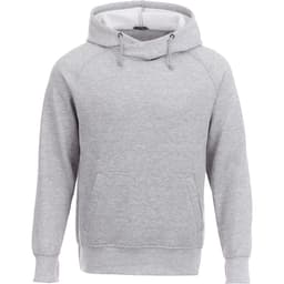 A grey hoodie with a pouch pocket and a hood, featuring a branding logo.