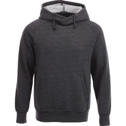 A grey fleece hoodie with a front pocket and a drawstring hood, featuring a logo.