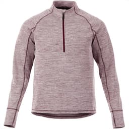 A maroon knitted half zip jumper for men, featuring long sleeves and a branded design.