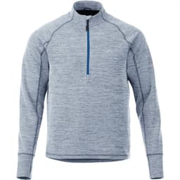 A light grey knitted jumper featuring a half zip and raglan sleeves, with a contrasting blue zip detail.