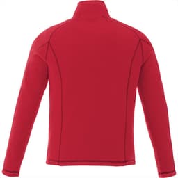 A red men's polar fleece jumper with a quarter zip and contrasting stitching, featuring a logo on the back.