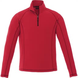 A red quarter-zip polar fleece jumper for men featuring a stand collar and contrasting seams. It has a logo on the chest.