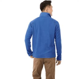 A blue men's polar fleece jumper with a quarter zip, viewed from the back. Features a logo.