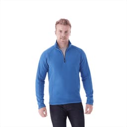 A men’s quarter-zip polar fleece jumper in bright blue, featuring a logo on the chest.