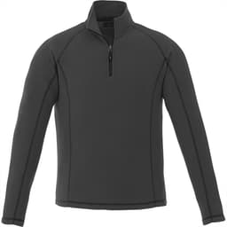 A black polar fleece quarter zip jumper with a stand-up collar and a logo on the chest.