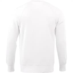 A white fleece crew jumper with long sleeves and a ribbed hem, featuring a logo on the back.