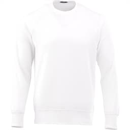 A white fleece crew jumper for men with a ribbed hem and cuffs. It features a logo on the front.