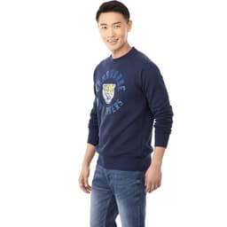 A navy blue fleece crew jumper for men featuring a logo on the front, paired with denim jeans.