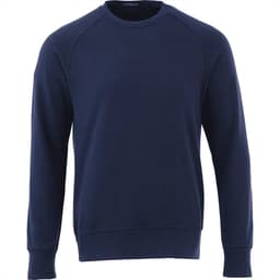 A navy blue men's fleece crew jumper with a comfortable fit and raglan sleeves. It features a logo on the design.