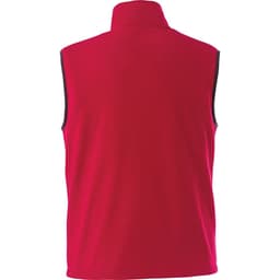A red men's polyfleece vest with a high collar and no sleeves, featuring a logo on the front.