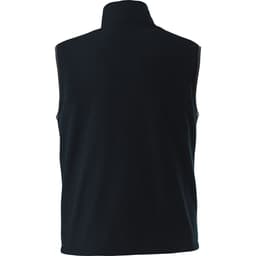A black men's fleece vest with a high collar, featuring a simple design and a logo on the back.